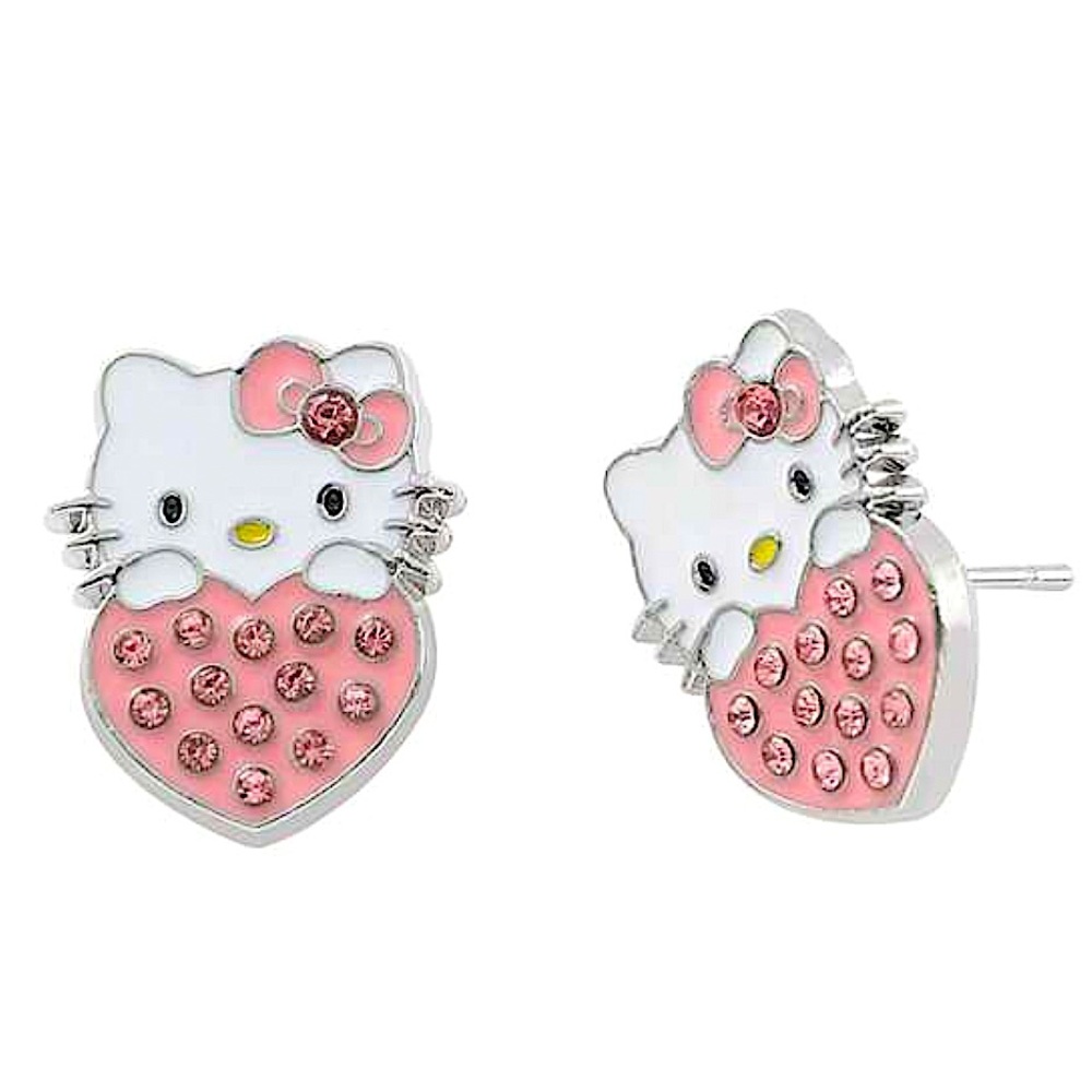 Silver Hello Kitty Pink Crystal Earrings Enamel